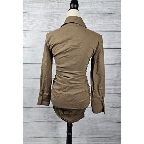 Zara Button Up Bodycon Shirt Dress with Ruching Tan Size Medium - Picture 8 of 11